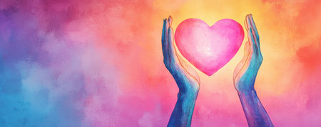 Hands holding a heart shape against pink and blue background with vignette.の写真素材