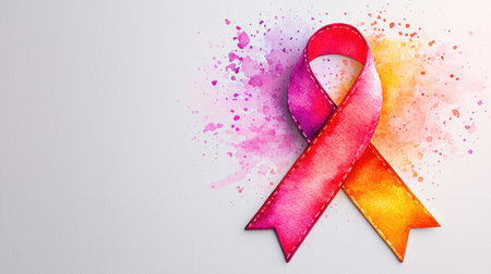 Breast cancer awareness ribbon on white background with watercolor splashes.  (ai gen.)の写真素材