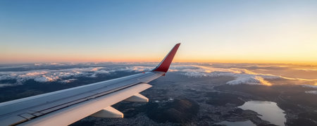 Aerial view of airplane wing over the clouds. Panoramic view.の素材