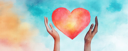 Digital composite of Hand holding red heart against blue sky and clouds backgroundの素材