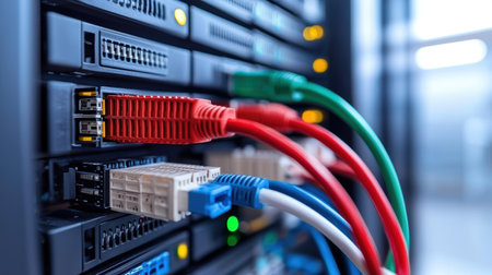 Fiber Optic cables connected to network switch in data center room.  AI Gen.