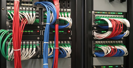 Fiber Optic cables connected to an optic ports in a data center.  AI Gen.