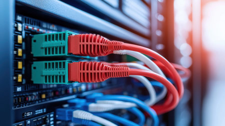 network cables connected to switch - close up of data center hardware. AI Gen.