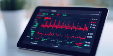 Electrocardiogram on tablet computer screen, close-up. AI Gen.