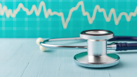 Stethoscope on blue wooden table with cardiogram background. AI Gen.