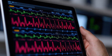 Tablet screen displaying stock market data, close-up. AI Gen.の写真素材