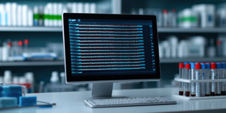 Science laboratory research and development concept. Computer monitor with binary code on the...