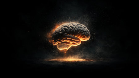 Brainstorming concept as a human brain coming out of a dark room with fire and smoke as a metaphor for creativity, imagination and creativity. AI Gen.の写真素材