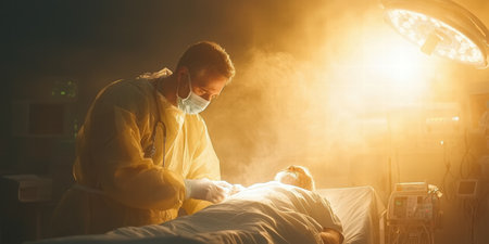 Surgeon and patient in operating room at hospital. Preparation for surgery. AI Gen.
