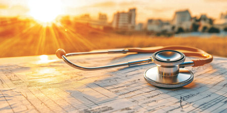 Stethoscope on the background of the construction plan with the sun. AI Gen.の写真素材