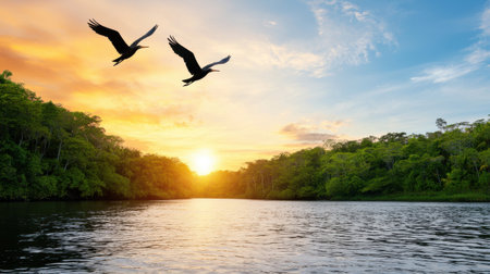 Beautiful sunset over the mangrove forest with flying pelican.の写真素材