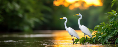 Egrets in the lake at sunset, soft focus background. AI Gen.