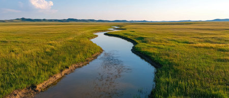 Aerial panorama of a small stream in the prairie. AI Gen.の写真素材