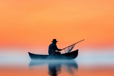 Fisherman in the boat on the sea at sunset background. AI Gen.の写真素材