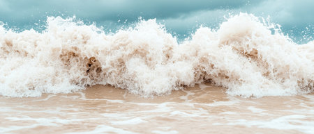Sea wave splashing on sandy beach with sky background, panorama. AI Gen.の写真素材