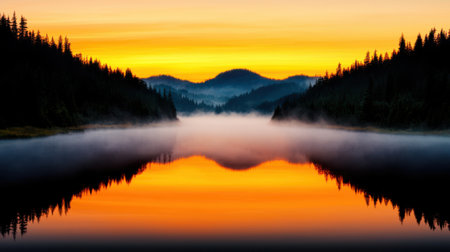 Beautiful sunrise in the mountains reflected in the calm lake. Autumn landscape. AI Gen.