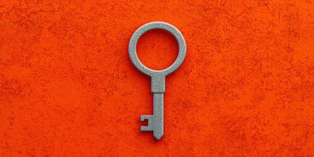 Old key on a red background. The concept of security and protection. AI Gen.