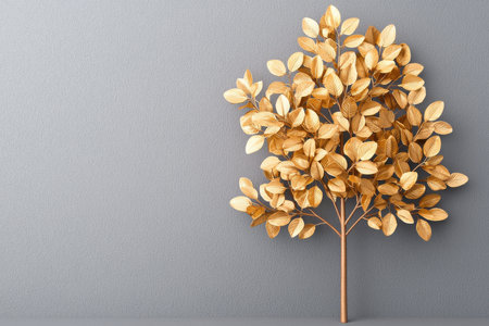 3d render of golden tree on grey wall background with copy space. AI Gen.