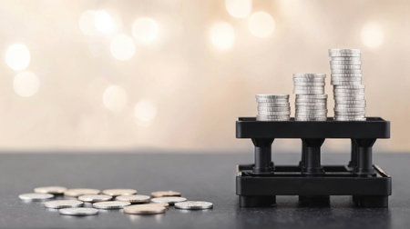 Coins stack on black table with bokeh light background, business and finance concept. AI Gen.の写真素材
