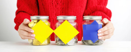 Woman in red sweater holding glass jars with coins and paper card. AI Gen.の写真素材