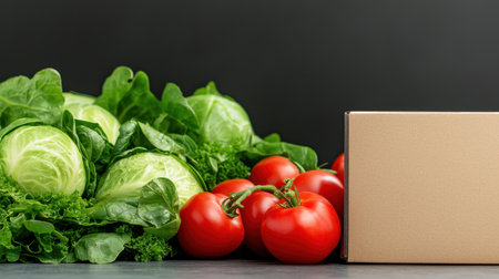 Box with fresh vegetables on black background. Healthy food concept. Copy space. AI Gen.の写真素材