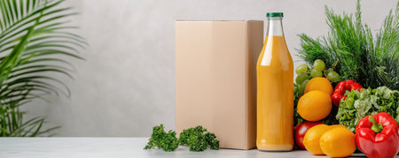 Bottle of orange juice and box with fresh vegetables on white table. AI Gen.の写真素材