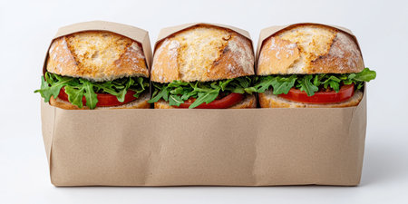 Sandwiches with tomato and arugula in a paper box. AI Gen.