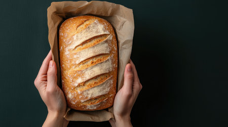 Female hands hold a loaf of bread on a dark background. Top view. AI Gen.の写真素材