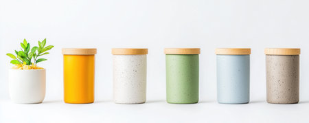 Ceramic containers with green plant on white background. Copy space. AI Gen.の写真素材