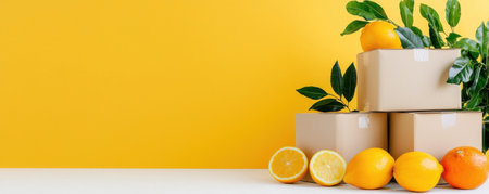 Cardboard boxes with lemons and oranges on a yellow background. Free space for text. AI Gen.の写真素材
