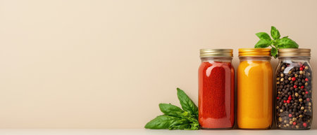 Mason jars with spices and herbs on white table against beige background. AI Gen.の写真素材