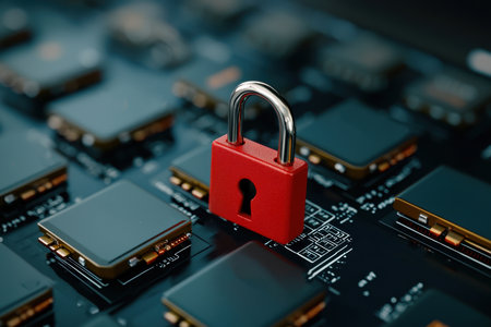 Padlock on computer circuit board. Security, safety and protection concept , 
AI Gen.の写真素材