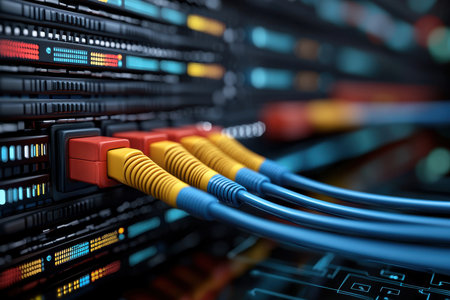 Network switch and ethernet cables in data center. 3d rendering. AI Gen