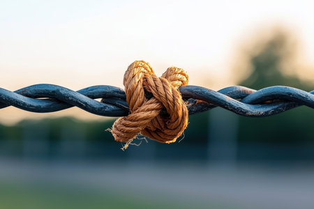 Rope tied with a knot on a background of blurred nature. AI Genの写真素材