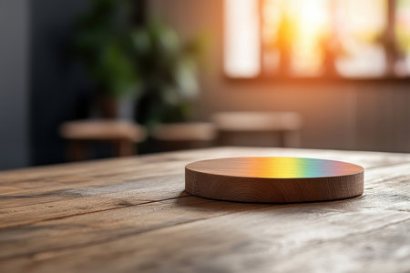 Wooden round podium on wooden table in cafe. 3d rendering. AI Genの写真素材