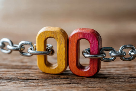Wooden block with chain and the word on wooden background.の写真素材