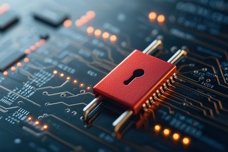 Close-up of electronic circuit board with microchip and padlock. AI Genの写真素材