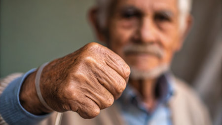 Portrait of an old man with a clenched fist. Selective focus.の素材