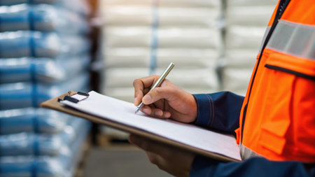 Close up of male warehouse worker writing on clipboard in warehouse. This is a freight transportation and distribution warehouse. Industrial and industrial workers conceptの素材