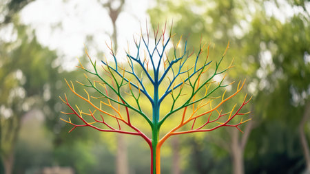 Conceptual tree shape made of colorful leaves on blurred background.の素材