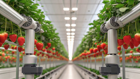 Rows of strawberries in a row in a greenhouse. 3d renderingの素材