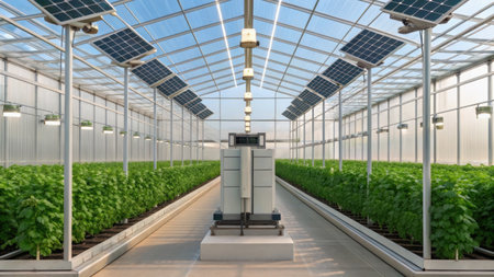 Greenhouse with solar panels and wind turbines. Alternative energy source.の素材