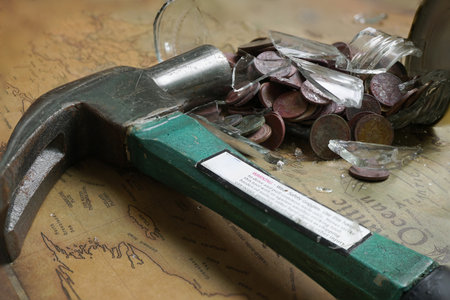 Hammer with green handle lies on vintage map next to shattered glass and scattered coins, suggesting...