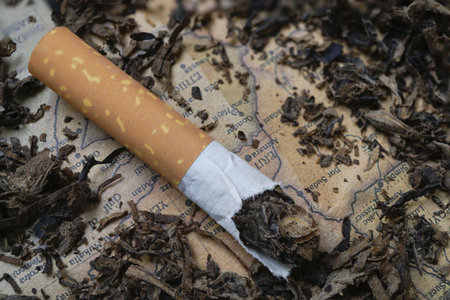 Broken cigarette lies on bed of loose tobacco, with its contents spilling out onto vintage paper...