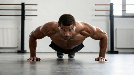Portrait Of A Young Physically Fit Man Doing Push Ups As Part Of Bodybuilding Trainingの素材
