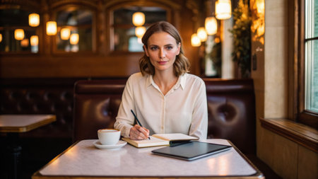 Portrait of businesswoman writing in notebook while having coffee in cafeの素材