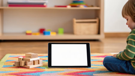 Cute little boy playing with wooden blocks and tablet computer at homeの素材