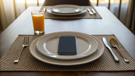 Smartphone on a plate with a glass of orange juice on the tableの素材