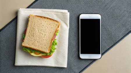 Sandwich with ham, cheese, tomato and lettuce on a white napkin next to a smartphone.の素材