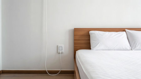 Electric plug in the white wall of a modern bedroom with a bedの素材